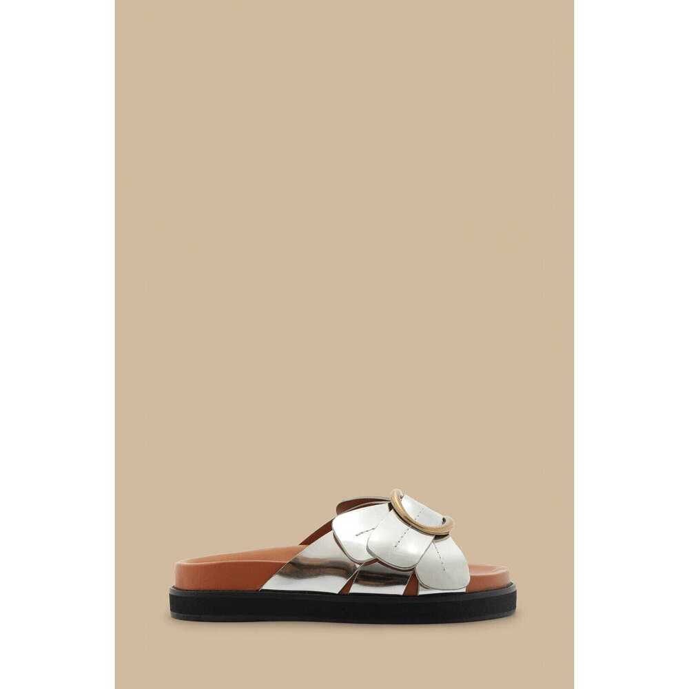 FARM Rio White and Tan Floral-Detail Slide Sandals